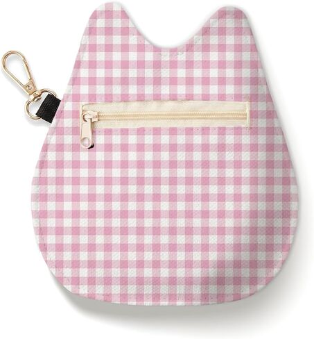 Cat-Shaped Coin Purse, Dusty Pink Gingham Mini Zipper Velvet Change Pouch with Keychain, Portable Coin Pouch Small Wallet for Women, Cute Cat Lover Gifts, Ideal for Earbuds Lipstick Backpack Charm in Saudi Arabia