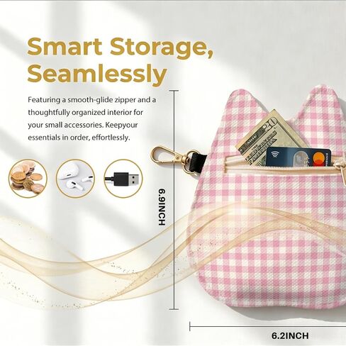 Cat-Shaped Coin Purse, Dusty Pink Gingham Mini Zipper Velvet Change Pouch with Keychain, Portable Coin Pouch Small Wallet for Women, Cute Cat Lover Gifts, Ideal for Earbuds Lipstick Backpack Charm in Saudi Arabia