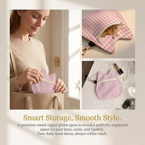 Cat-Shaped Coin Purse, Dusty Pink Gingham Mini Zipper Velvet Change Pouch with Keychain, Portable Coin Pouch Small Wallet for Women, Cute Cat Lover Gifts, Ideal for Earbuds Lipstick Backpack Charm in Saudi Arabia