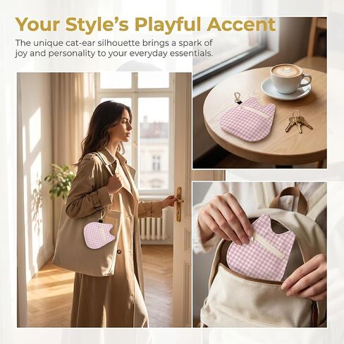 Cat-Shaped Coin Purse, Dusty Pink Gingham Mini Zipper Velvet Change Pouch with Keychain, Portable Coin Pouch Small Wallet for Women, Cute Cat Lover Gifts, Ideal for Earbuds Lipstick Backpack Charm in Saudi Arabia