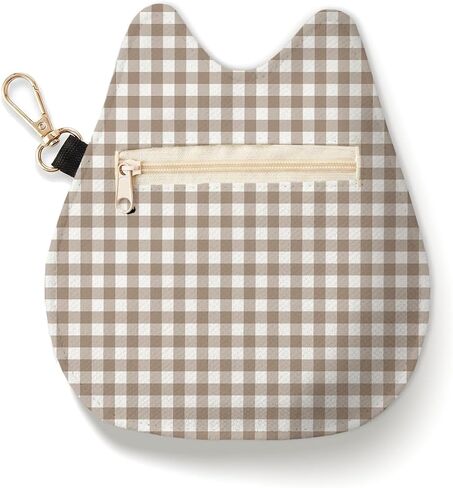 Cat-Shaped Coin Purse, Dusty Pink Gingham Mini Zipper Velvet Change Pouch with Keychain, Portable Coin Pouch Small Wallet for Women, Cute Cat Lover Gifts, Ideal for Earbuds Lipstick Backpack Charm in Saudi Arabia
