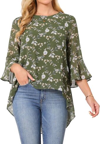 Seta T Women's High Low Floral Tops 3/4 Sleeve Chiffon Blouse Dressy Casual Asymmetrical Summer Shirt in Kuwait