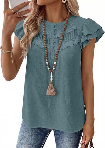Falechay Women's Boho Blouse Summer Ruffle Sleeve Tops Lace Crochet Split Neck Shirts Pleated Textured Top Casual Elegant in Saudi Arabia