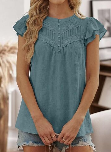Falechay Women's Boho Blouse Summer Ruffle Sleeve Tops Lace Crochet Split Neck Shirts Pleated Textured Top Casual Elegant in Saudi Arabia