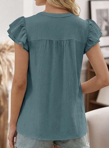 Falechay Women's Boho Blouse Summer Ruffle Sleeve Tops Lace Crochet Split Neck Shirts Pleated Textured Top Casual Elegant in Saudi Arabia