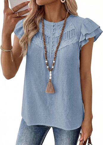 Falechay Women's Boho Blouse Summer Ruffle Sleeve Tops Lace Crochet Split Neck Shirts Pleated Textured Top Casual Elegant in Saudi Arabia