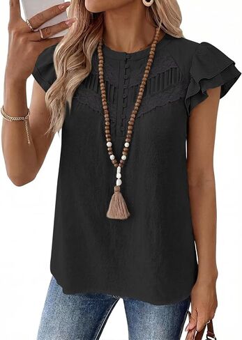 Falechay Women's Boho Blouse Summer Ruffle Sleeve Tops Lace Crochet Split Neck Shirts Pleated Textured Top Casual Elegant in Saudi Arabia