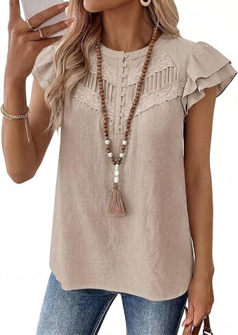 Falechay Women's Boho Blouse Summer Ruffle Sleeve Tops Lace Crochet Split Neck Shirts Pleated Textured Top Casual Elegant in Saudi Arabia