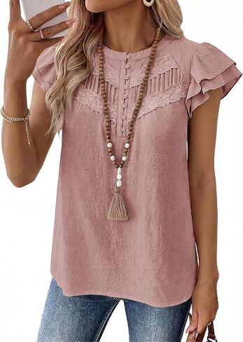 Falechay Women's Boho Blouse Summer Ruffle Sleeve Tops Lace Crochet Split Neck Shirts Pleated Textured Top Casual Elegant in Saudi Arabia