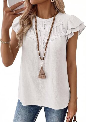 Falechay Women's Boho Blouse Summer Ruffle Sleeve Tops Lace Crochet Split Neck Shirts Pleated Textured Top Casual Elegant in Saudi Arabia