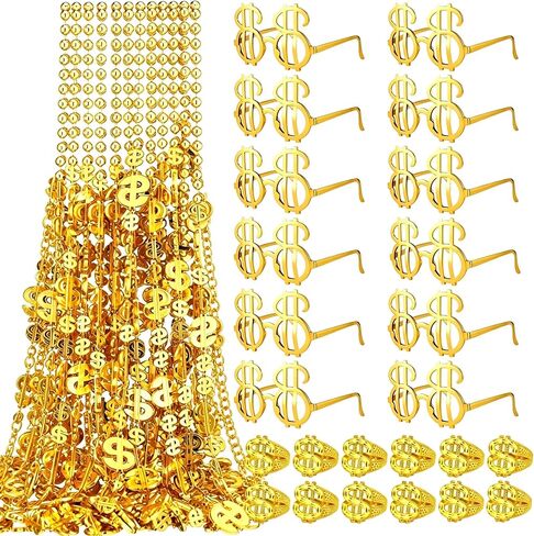 36 Set Money Costume Set Gold Dollar Sign Necklaces Glasses Ring Fake Dollar Chain Hip Hop Costume Accessory for Rapper Men Casino Themed Party Supplies in Saudi Arabia