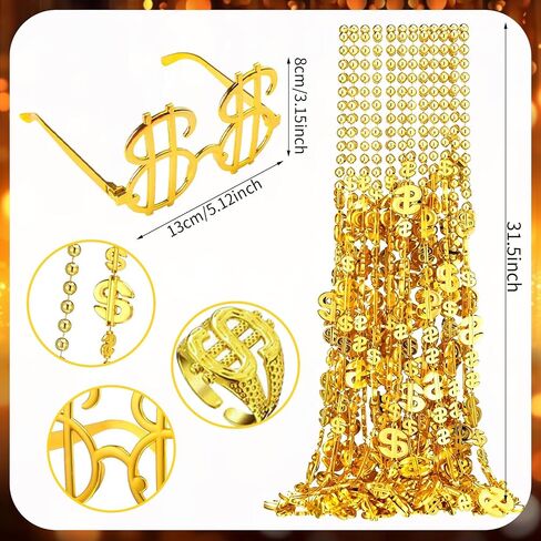 36 Set Money Costume Set Gold Dollar Sign Necklaces Glasses Ring Fake Dollar Chain Hip Hop Costume Accessory for Rapper Men Casino Themed Party Supplies in Saudi Arabia