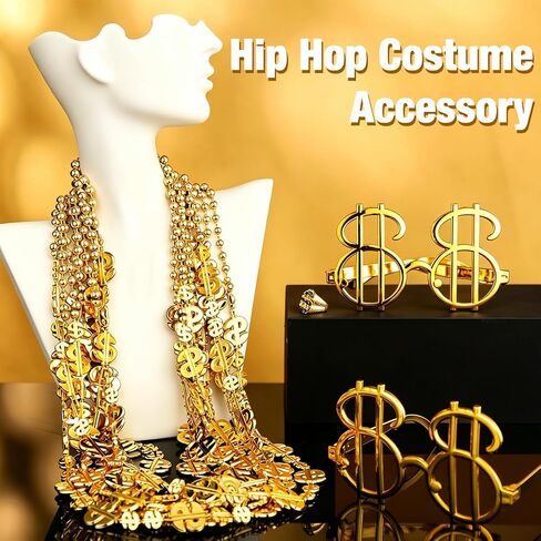 36 Set Money Costume Set Gold Dollar Sign Necklaces Glasses Ring Fake Dollar Chain Hip Hop Costume Accessory for Rapper Men Casino Themed Party Supplies in Saudi Arabia