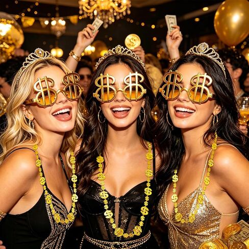36 Set Money Costume Set Gold Dollar Sign Necklaces Glasses Ring Fake Dollar Chain Hip Hop Costume Accessory for Rapper Men Casino Themed Party Supplies in Saudi Arabia