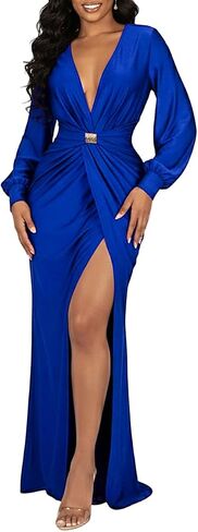 HWP Women Deep V Neck Dress Sexy Long Sleeve Maxi Dress Elegant High Split Formal Cocktail Party Maxi Dress in Saudi Arabia