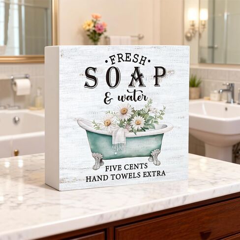 Fresh Soap And Water Farmhouse Bathroom Decor Wood Box Sign Rustic Vintage Bathroom Farmhouse Decor Decoration Sign for Restroom Bathroom Desk Shelf Decor in Saudi Arabia