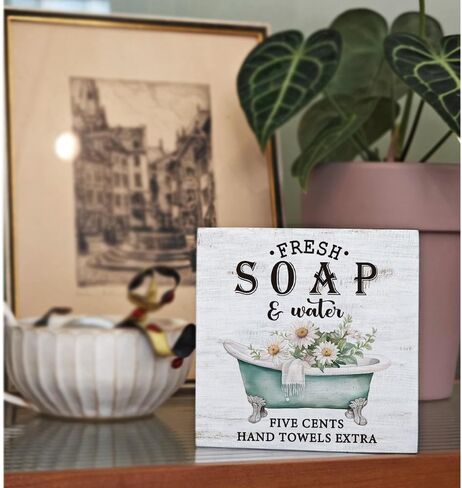 Fresh Soap And Water Farmhouse Bathroom Decor Wood Box Sign Rustic Vintage Bathroom Farmhouse Decor Decoration Sign for Restroom Bathroom Desk Shelf Decor in Saudi Arabia