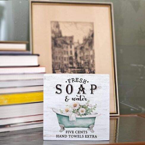 Fresh Soap And Water Farmhouse Bathroom Decor Wood Box Sign Rustic Vintage Bathroom Farmhouse Decor Decoration Sign for Restroom Bathroom Desk Shelf Decor in Saudi Arabia