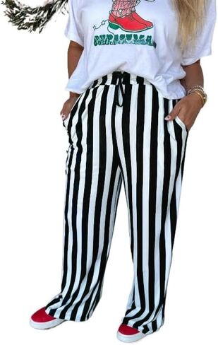 Women's Casual Striped lace up Wide Leg Pants Street Retro Y2K Loose high Waisted Pants with Pockets in Saudi Arabia