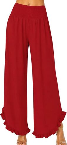 Women’s Wide Leg Palazzo Pants with Smocked Waist & Ruffle Hem, Lightweight Cotton Summer Pant with Pockets in Kuwait