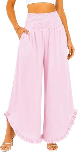 Women’s Wide Leg Palazzo Pants with Smocked Waist & Ruffle Hem, Lightweight Cotton Summer Pant with Pockets in Kuwait