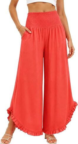 Women’s Wide Leg Palazzo Pants with Smocked Waist & Ruffle Hem, Lightweight Cotton Summer Pant with Pockets in Kuwait