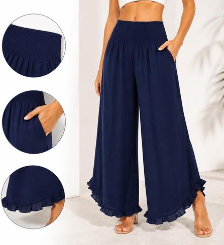 Women’s Wide Leg Palazzo Pants with Smocked Waist & Ruffle Hem, Lightweight Cotton Summer Pant with Pockets in Kuwait