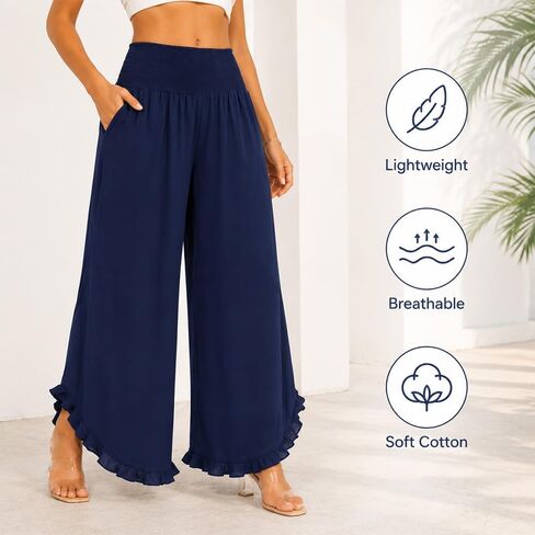 Women’s Wide Leg Palazzo Pants with Smocked Waist & Ruffle Hem, Lightweight Cotton Summer Pant with Pockets in Kuwait