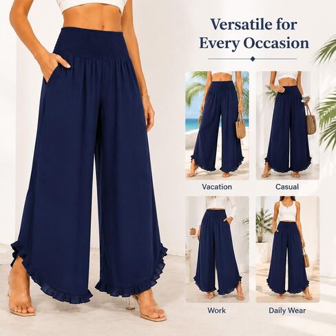 Women’s Wide Leg Palazzo Pants with Smocked Waist & Ruffle Hem, Lightweight Cotton Summer Pant with Pockets in Kuwait