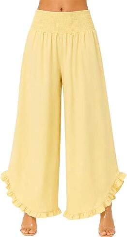 Women’s Wide Leg Palazzo Pants with Smocked Waist & Ruffle Hem, Lightweight Cotton Summer Pant with Pockets in Kuwait