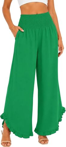 Women’s Wide Leg Palazzo Pants with Smocked Waist & Ruffle Hem, Lightweight Cotton Summer Pant with Pockets in Kuwait