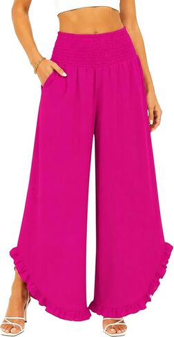 Women’s Wide Leg Palazzo Pants with Smocked Waist & Ruffle Hem, Lightweight Cotton Summer Pant with Pockets in Kuwait