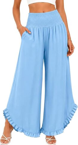 Women’s Wide Leg Palazzo Pants with Smocked Waist & Ruffle Hem, Lightweight Cotton Summer Pant with Pockets in Kuwait