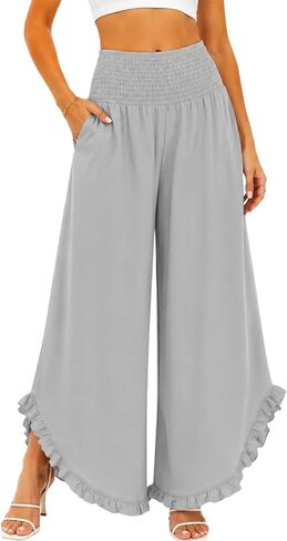 Women’s Wide Leg Palazzo Pants with Smocked Waist & Ruffle Hem, Lightweight Cotton Summer Pant with Pockets in Kuwait
