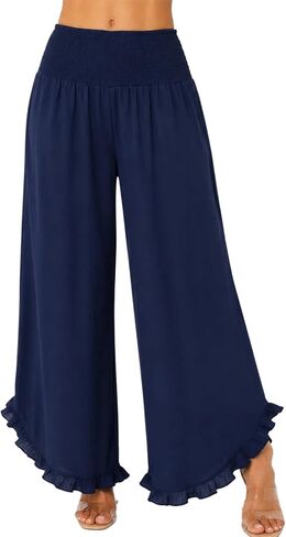 Women’s Wide Leg Palazzo Pants with Smocked Waist & Ruffle Hem, Lightweight Cotton Summer Pant with Pockets in Kuwait