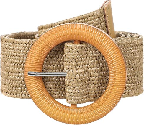 Straw Woven boho belts for women - Stretchy thick belts for women With Round Buckle - braided wide belt For Dresses in Saudi Arabia