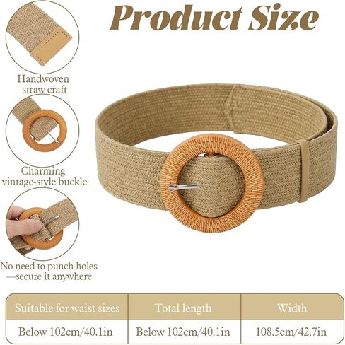 Straw Woven boho belts for women - Stretchy thick belts for women With Round Buckle - braided wide belt For Dresses in Saudi Arabia
