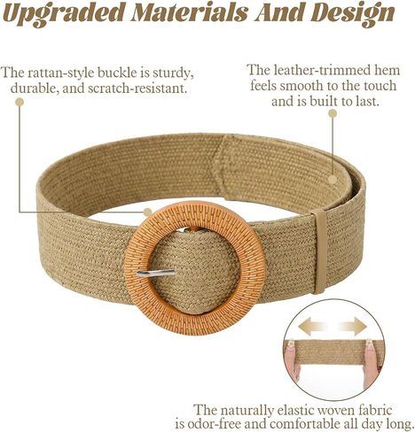 Straw Woven boho belts for women - Stretchy thick belts for women With Round Buckle - braided wide belt For Dresses in Saudi Arabia