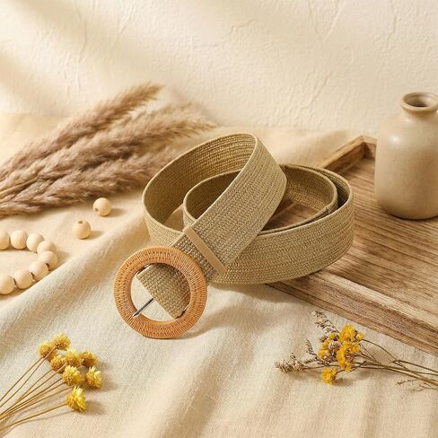 Straw Woven boho belts for women - Stretchy thick belts for women With Round Buckle - braided wide belt For Dresses in Saudi Arabia