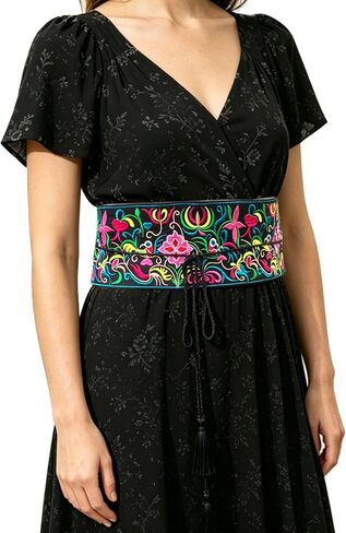 Vintage Boho Embroidered Waist Sash - Mexican Ethnic Colorful Floral Embroidery Wide Belt for Casual Dresses M36 in Saudi Arabia