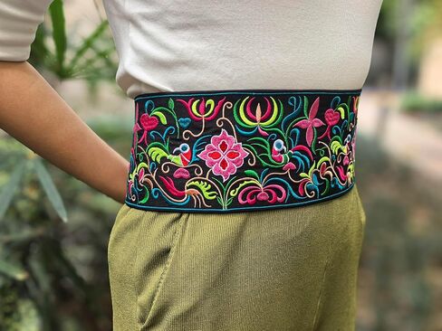 Vintage Boho Embroidered Waist Sash - Mexican Ethnic Colorful Floral Embroidery Wide Belt for Casual Dresses M36 in Saudi Arabia
