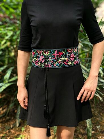 Vintage Boho Embroidered Waist Sash - Mexican Ethnic Colorful Floral Embroidery Wide Belt for Casual Dresses M36 in Saudi Arabia
