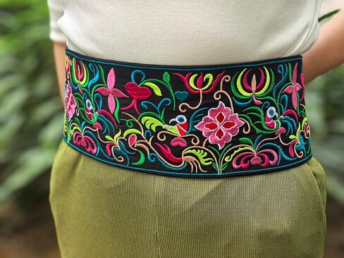 Vintage Boho Embroidered Waist Sash - Mexican Ethnic Colorful Floral Embroidery Wide Belt for Casual Dresses M36 in Saudi Arabia
