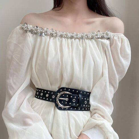 Women's Studded Belts,Punk Rock Rivets-Belts,Y2k Belt Western Cowgirl Leather Belt for Pants,Black PU Leather Vintage Wide Rivets Waist Belt in Saudi Arabia
