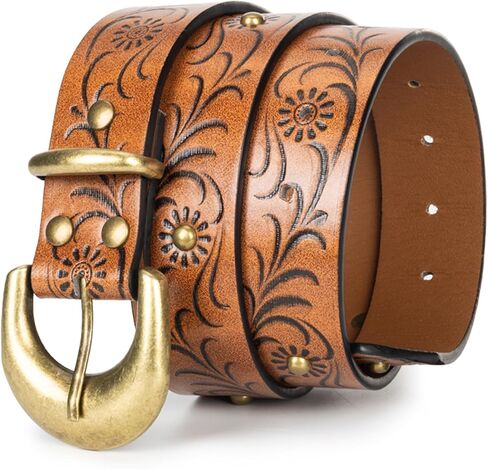 Western-Cowboy-Belt for Women - PU-Leather Embossed Floral Adjustable Waist Belt for Jeans(for 28-38'') in Kuwait