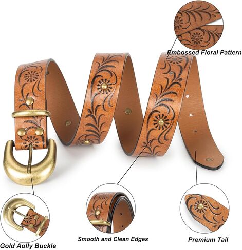 Western-Cowboy-Belt for Women - PU-Leather Embossed Floral Adjustable Waist Belt for Jeans(for 28-38'') in Kuwait
