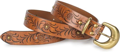 Western-Cowboy-Belt for Women - PU-Leather Embossed Floral Adjustable Waist Belt for Jeans(for 28-38'') in Kuwait