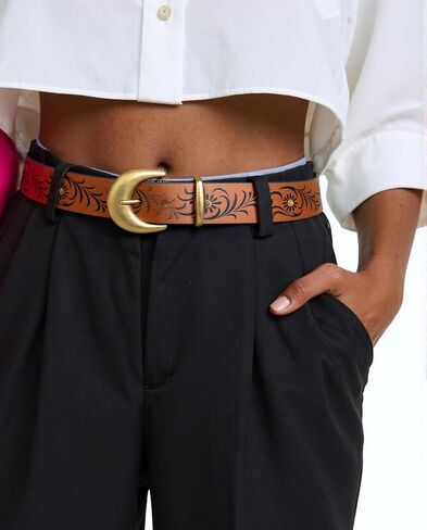 Western-Cowboy-Belt for Women - PU-Leather Embossed Floral Adjustable Waist Belt for Jeans(for 28-38'') in Kuwait