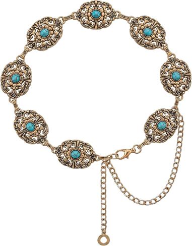 Western Concho Chain Belt for Women, Vintage Cowgirl Waist Chain with Turquoise, Bohemia Belt Accessories for Cosplay in Saudi Arabia