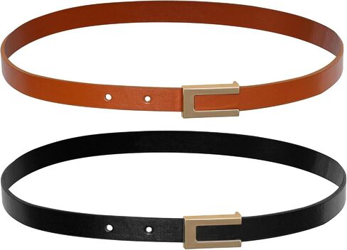 2 Pack Skinny Leather Belts Thin Belts with Golden Buckle for Women Ladies Minimalist Dresses Jeans Pants Waist Belt in Kuwait